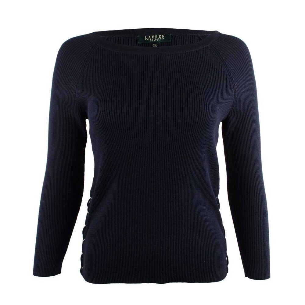 Ralph Lauren Women's Petite Lace Up Sides Ribbed Sweater-CN-PS